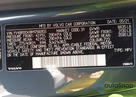 2021 Volvo Xc90 Recharge Plug-In Hybrid T8 Inscription Expression 7 Passenger z USA, uszkodzony, nr VIN YV4BR0CK8M1766955